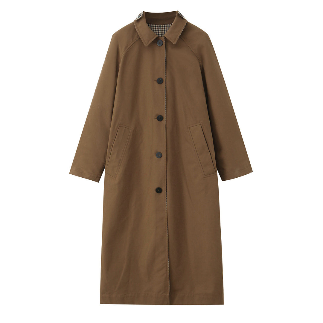 Damen langer minimalistischer Trenchcoat mit kariertem Innenfutter Shop Nory