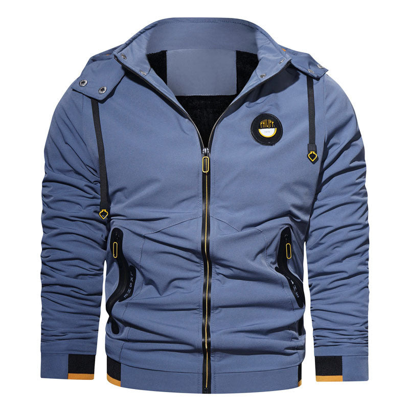 Herren sportlich-urbaner Kapuzenzip-Hoodie mit wasserabweisenden Reißverschlüssen und Logo-Patch Shop Nory