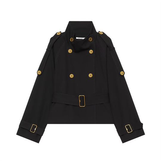 Damen Kurzer Doppelreiher-Trench mit Taillengürtel, Schulterklappen und goldfarbenen Details Shop Nory
