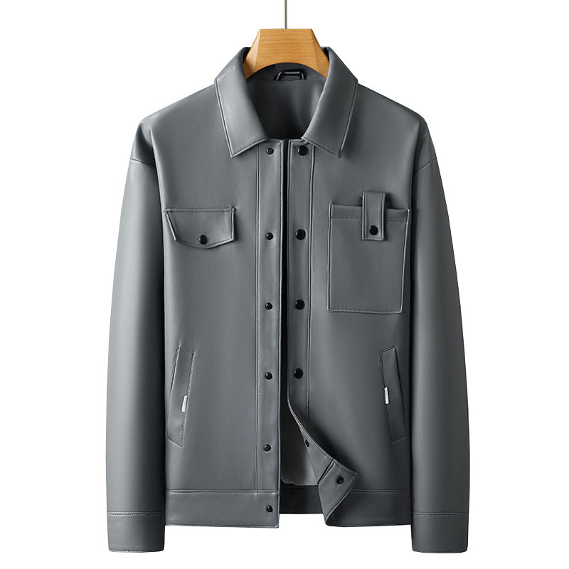 Herren Lederimitat Overshirt-Jacke mit Utility-Brusttasche und Druckknopfleiste Shop Nory