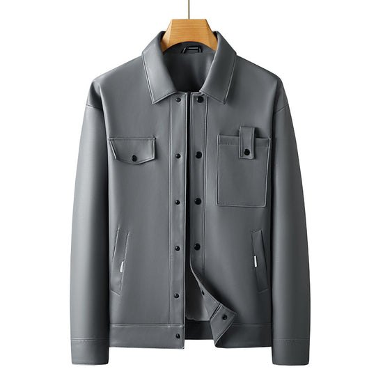 Herren Lederimitat Overshirt-Jacke mit Utility-Brusttasche und Druckknopfleiste Shop Nory