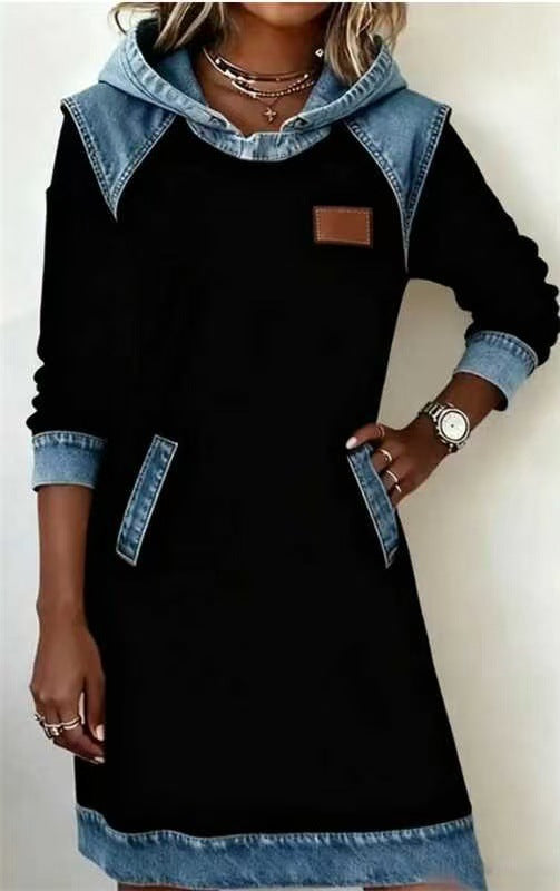 Damen nan Kapuzen-Sweatkleid mit Jeans-Applikationen, Kängurutaschen und lässigem Schnitt Shop Nory