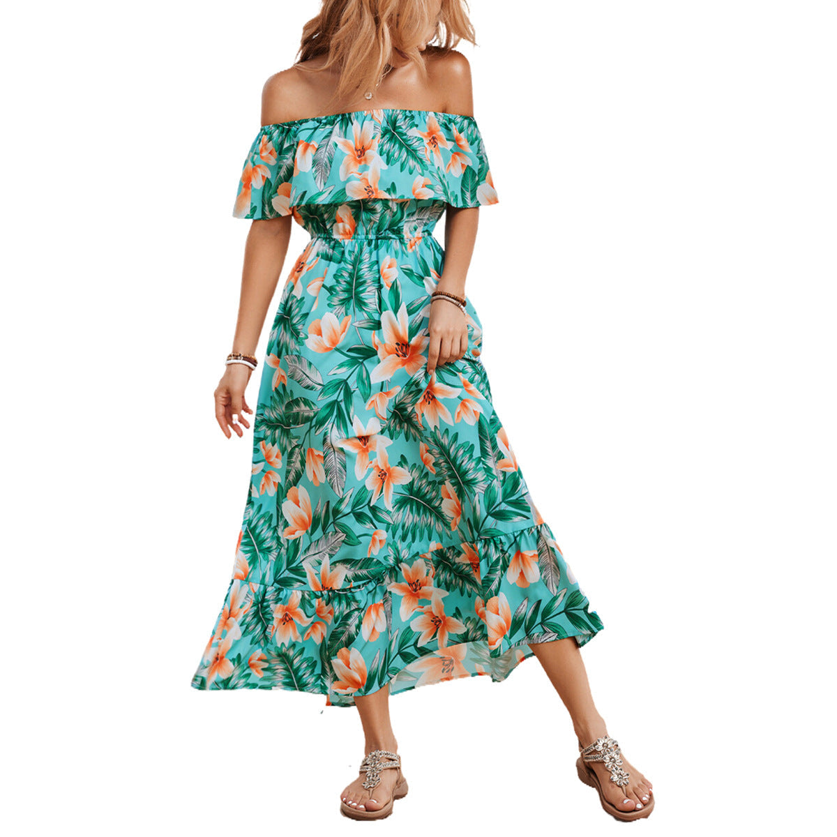 Damen Off-Shoulder Maxikleid mit floralem Design und elastischem Taillenbund