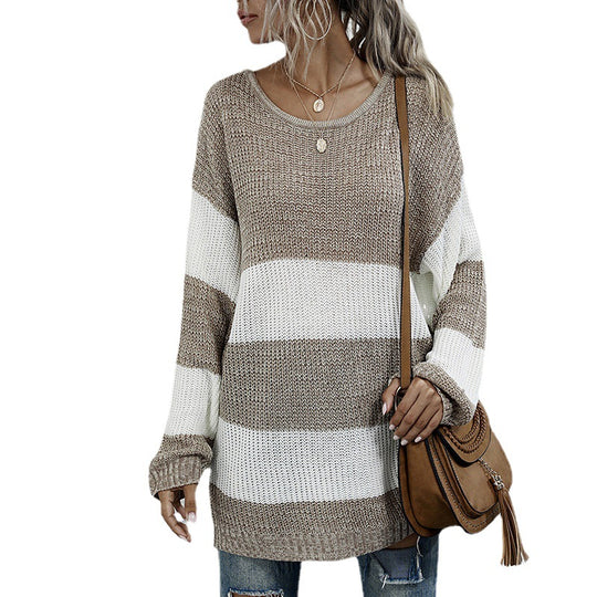 Damen Oversize Longpullover mit Blockstreifen und Rundhalsausschnitt Shop Nory