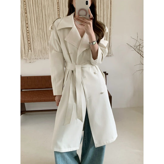Damen Midilanger Trenchcoat mit Oversize-Schultern und Perlmuttknöpfen Shop Nory