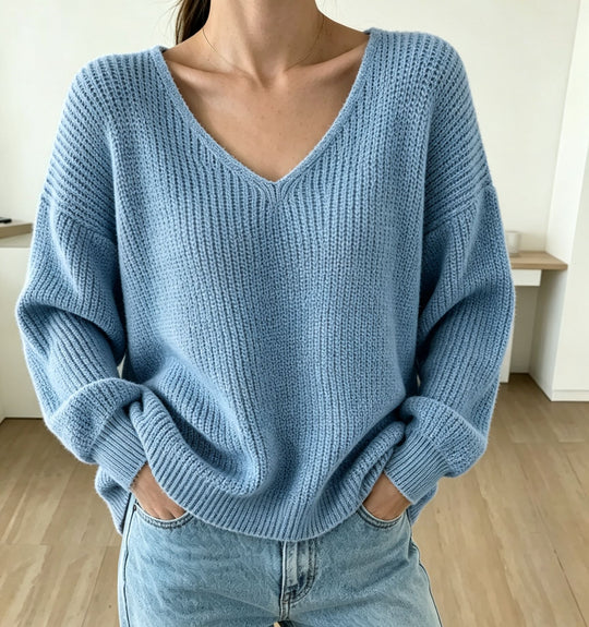 Damen Lässiger Boxy-Grobstrickpullover mit V-Ausschnitt und gerippten Bündchen Shop Nory