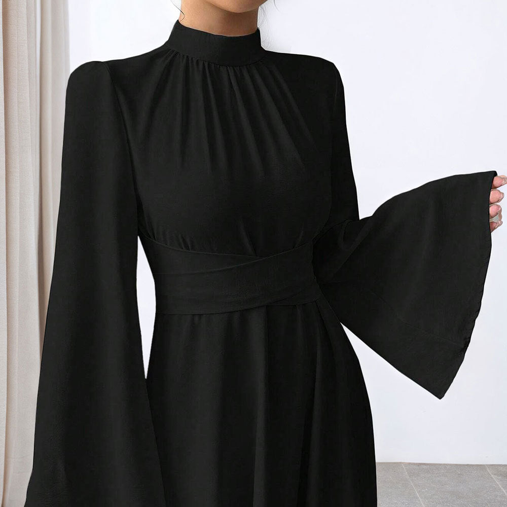 Damen elegantes Maxikleid mit Stehkragen, geraffter Taillenpartie und ausgestelltem A‑Linien‑Rock Shop Nory