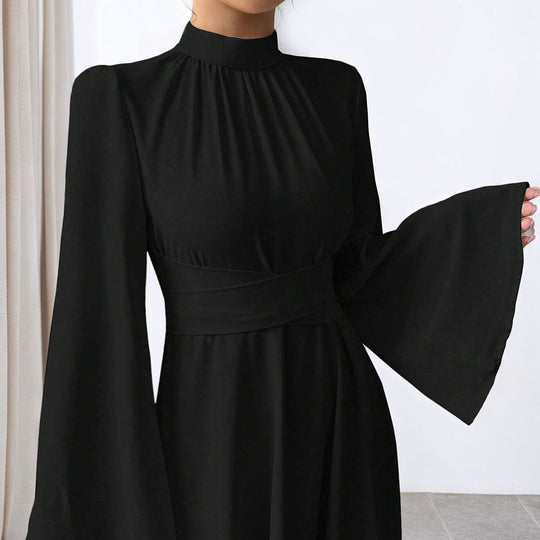 Damen elegantes Maxikleid mit Stehkragen, geraffter Taillenpartie und ausgestelltem A‑Linien‑Rock Shop Nory