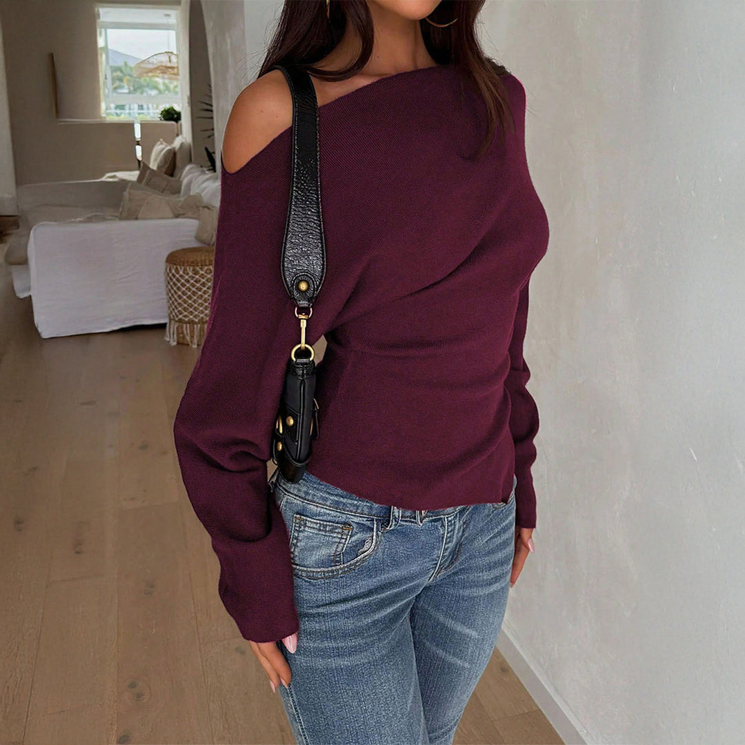 Damen nan schulterfreier Feinstrickpullover mit asymmetrischem Cut-Out, taillierter Passform und weiten Ärmeln Shop Nory