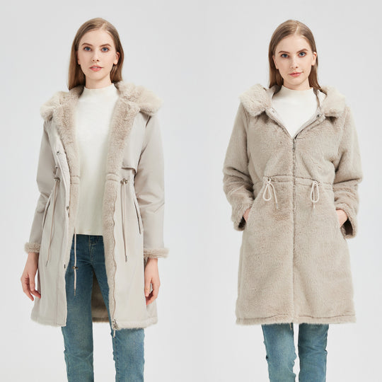 Damen nan taillierter langer Thermoparka mit Webpelzbesatz an Kapuze und Ärmeln sowie Kordeltaille Shop Nory