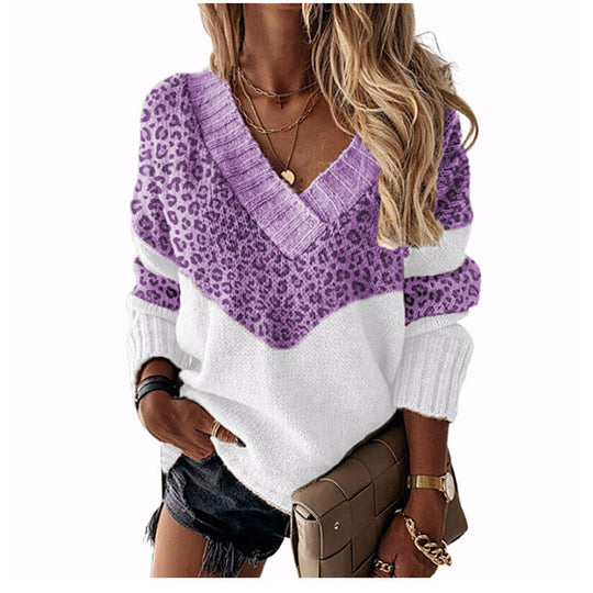 Damen V‑Ausschnitt Strickpullover mit Leo‑Print und Colorblock‑Design Shop Nory