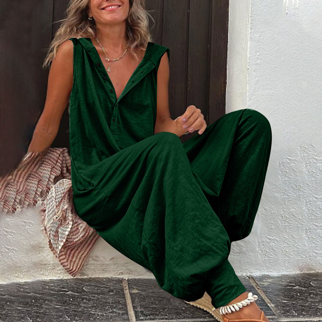 Damen Lässiger Jumpsuit mit Kapuze und Knopfverschluss