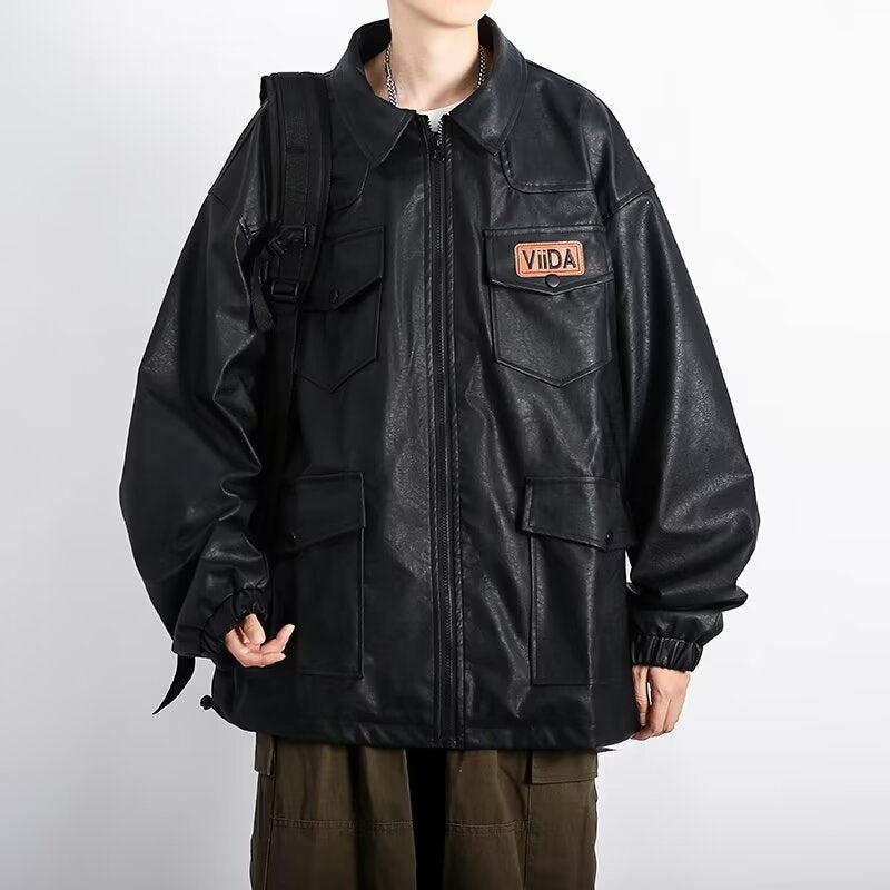 Unisex Oversized Utility Lederimitat Jacke mit Mehreren Klappentaschen Shop Nory