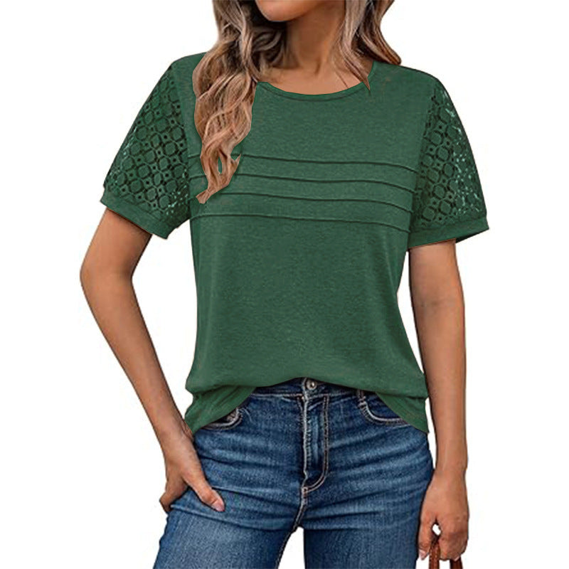 Damen luftiges T-Shirt mit attraktiven Häkelärmeln