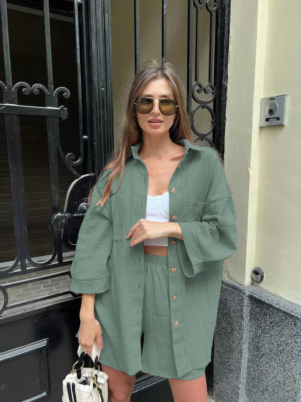 Damen Lässiges Kurzarm Set aus Hemd und Shorts mit Knopfleiste Shopnory