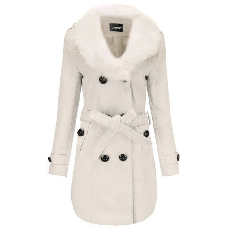 Damen Midi-doppelreihiger Mantel mit vollem Kunstfell‑Schalkragen und Wickelgürtel Shop Nory