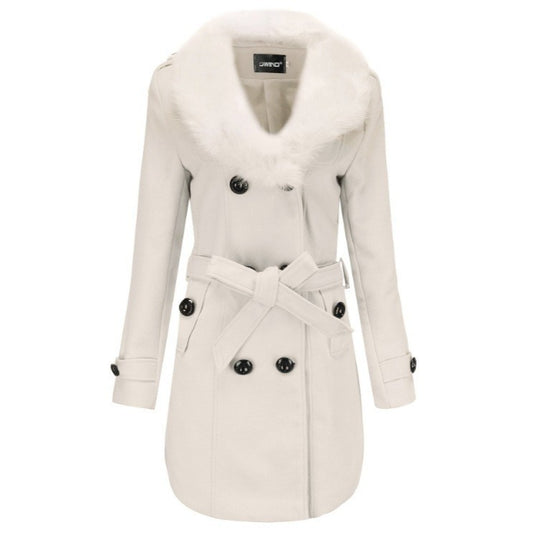 Damen Midi-doppelreihiger Mantel mit vollem Kunstfell‑Schalkragen und Wickelgürtel Shop Nory