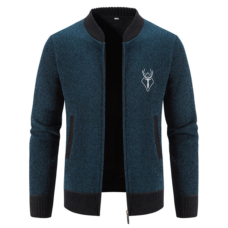 Herren lässiger Zip-Strickblouson mit weichem Thermofutter, geripptem Stehkragen und Hirsch-Logo Shop Nory