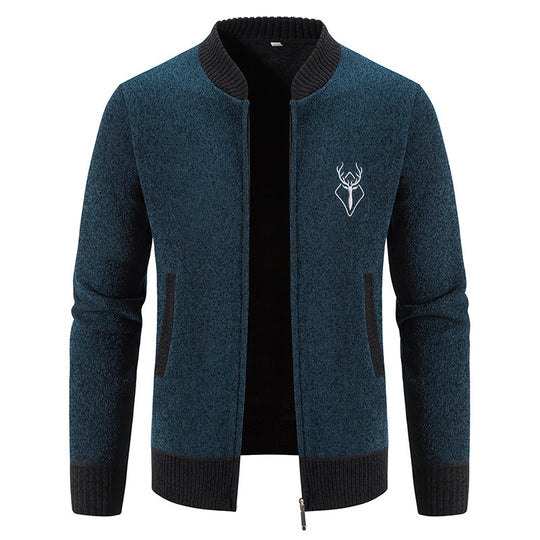 Herren lässiger Zip-Strickblouson mit weichem Thermofutter, geripptem Stehkragen und Hirsch-Logo Shop Nory