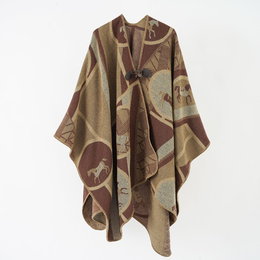 Damen Wollmix-Jacquard-Ruana mit Pferdemotiv, Knebelverschluss und offener Kimono-Silhouette Shop Nory