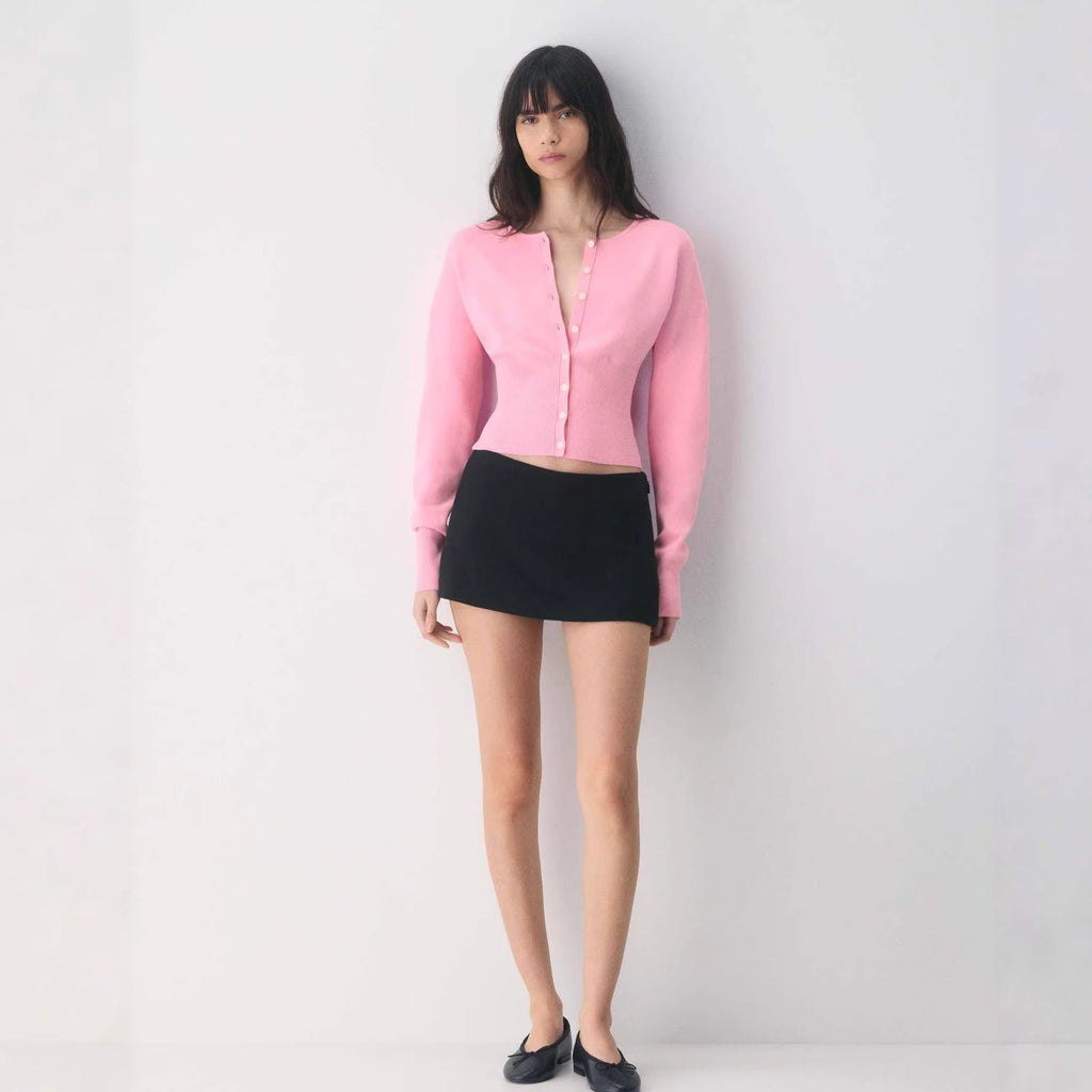 Damen Cropped Strickjacke mit Knopfleiste und Rippstrick