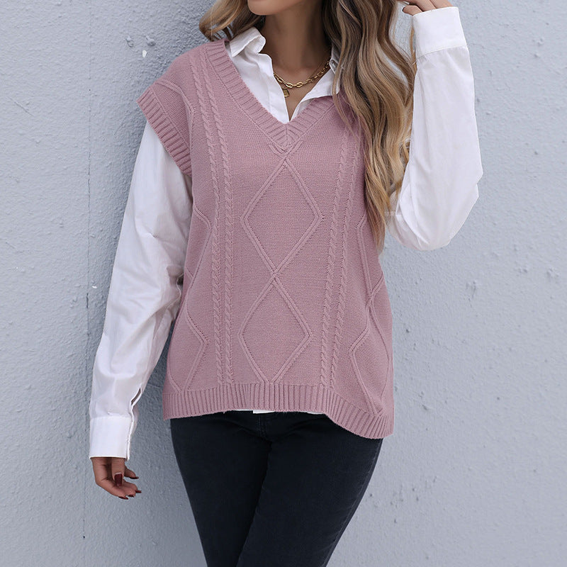 Damen Strickweste mit V-Ausschnitt, Rautenmuster und kastiger Oversize-Silhouette Shop Nory