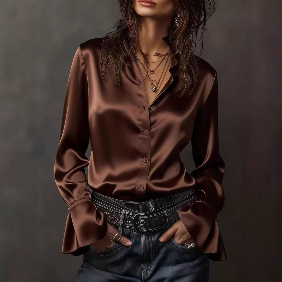 Damen Seidenglänzende Satinbluse mit Stehkragen, Knopfleiste und Volantärmel Shop Nory