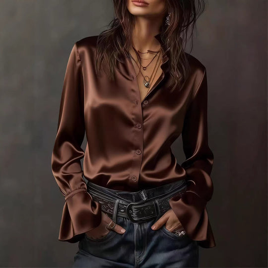 Damen Seidenglänzende Satinbluse mit Stehkragen, Knopfleiste und Volantärmel Shop Nory
