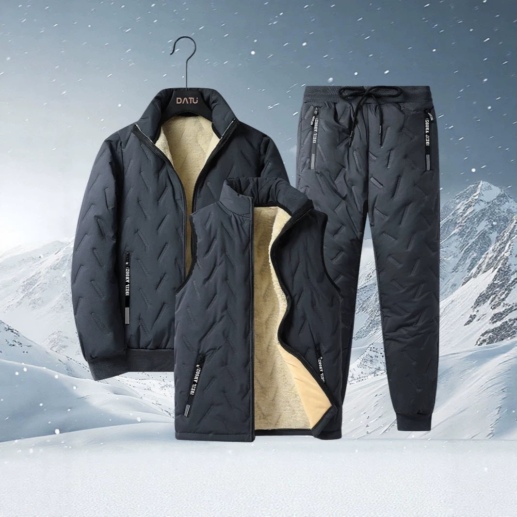 Herren dreiteiliges Thermo-Fleecegefüttertes Freizeit- und Outdoor-Set mit gesteppter Jacke Weste und Jogginghose Shop Nory