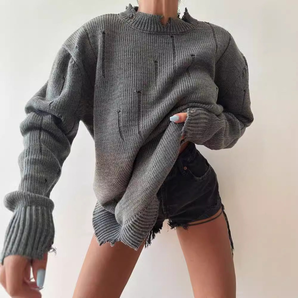 Damen Oversized Grobstrickpullover mit Distressed-Details und geripptem Saum Shop Nory