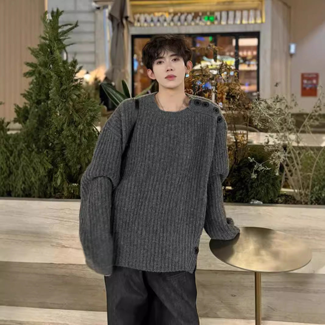 Herren Grobgestrickter Oversize-Pullover mit Rundhalsausschnitt und Schulterknopfleiste Shop Nory