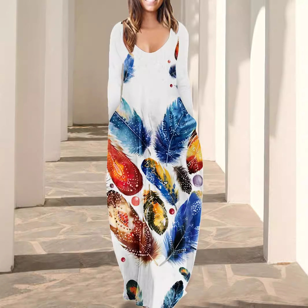 Damen Fließendes Maxikleid mit auffälligem Federmotiv, tiefem Rundhalsausschnitt und Seitentaschen Shop Nory