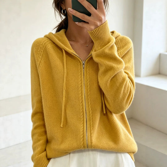 Damen Kapuzen-Cardigan mit Reißverschluss, feinem Feinstrick und gerippten Bündchen Shop Nory