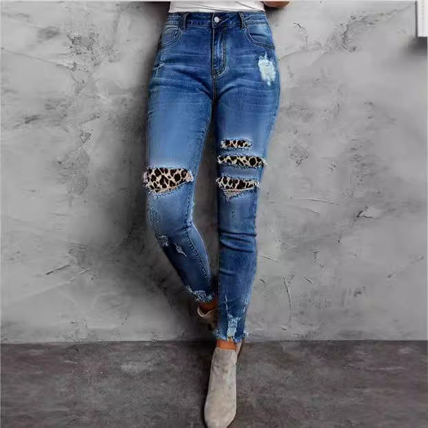 Damen Stretch-Skinny-Jeans mit High-Waist, Knie-Ripped-Details und Leo-Unterlage Shop Nory