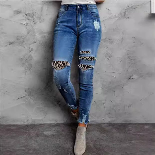 Damen Stretch-Skinny-Jeans mit High-Waist, Knie-Ripped-Details und Leo-Unterlage Shop Nory