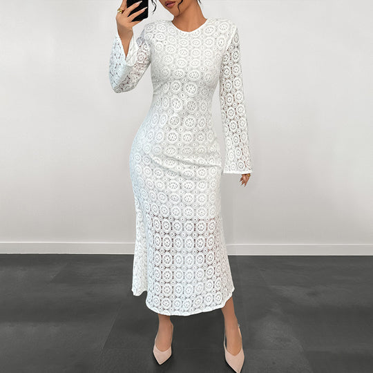 Damen Midikleid aus gehäkelter Spitze mit Trompetenärmeln Shop Nory