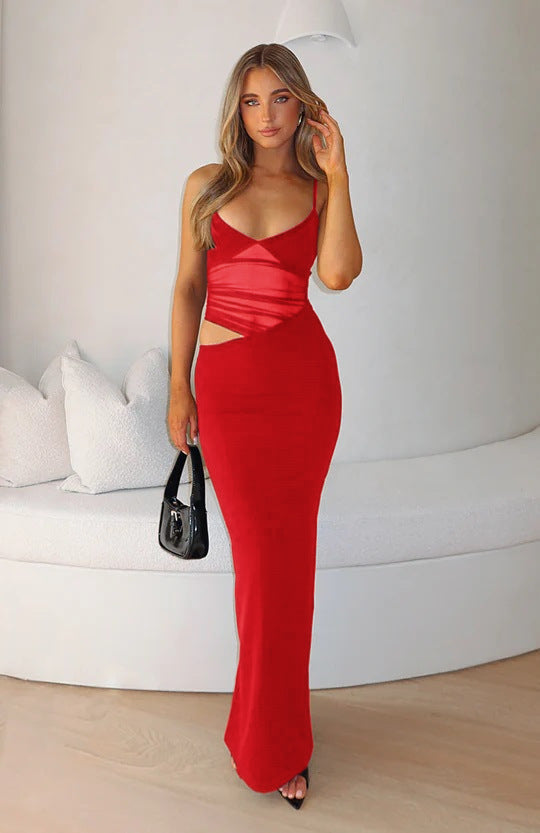 Damen Elegantes Langarm-Maxikleid mit transparentem Detail und figurbetontem Schnitt