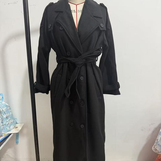 Damen langer Oversize Wollmantel mit weitem Revers und Gürtel Shop Nory