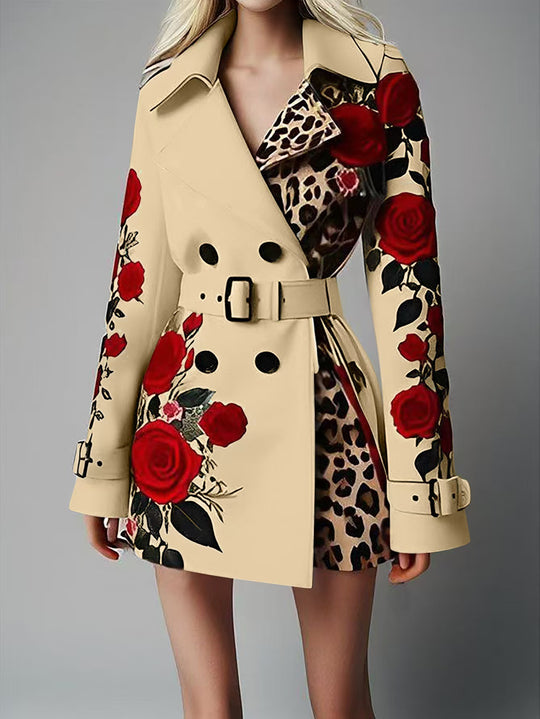 Damen Taillierter Trenchcoat mit Rosenprint und Leoparden-Innenfutter Shop Nory