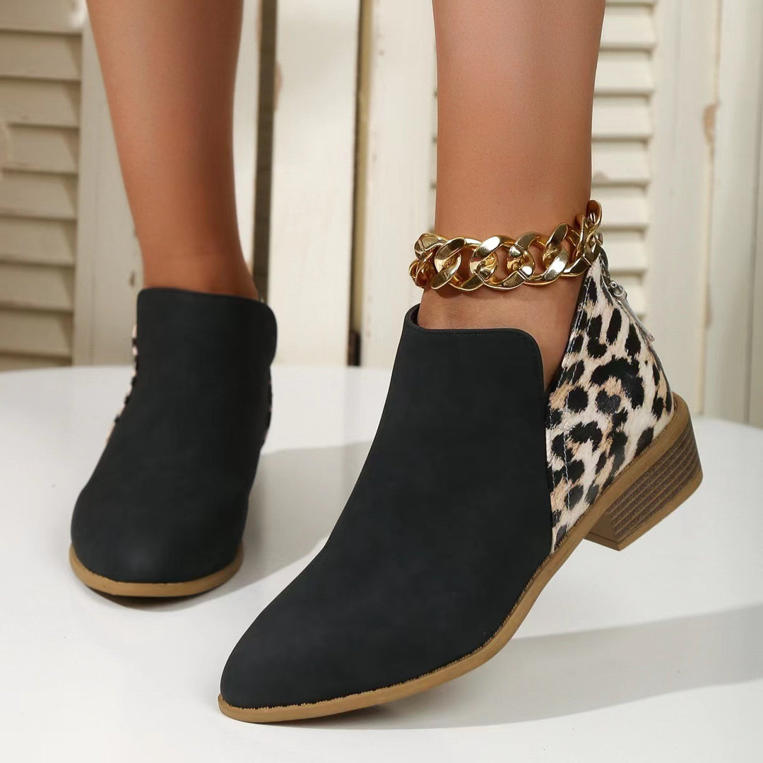 Damen Kurzschaft-Ankleboots mit spitzer Vorderkappe, Leoparden-Fersen und verdecktem Reißverschluss Shop Nory