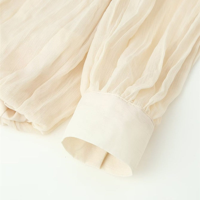 Damen Transparente Plissee-Chiffon-Bluse mit Halstuch-Schleife und asymmetrischem Saum Shop Nory