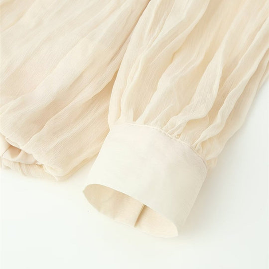 Damen Transparente Plissee-Chiffon-Bluse mit Halstuch-Schleife und asymmetrischem Saum Shop Nory