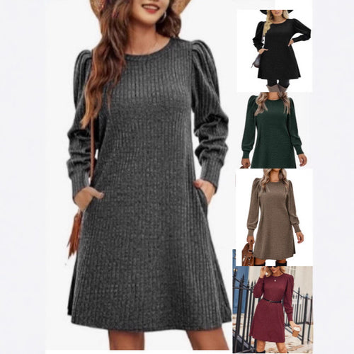 Damen nan gestricktes A-Linien Strickkleid mit Puffärmeln Shop Nory