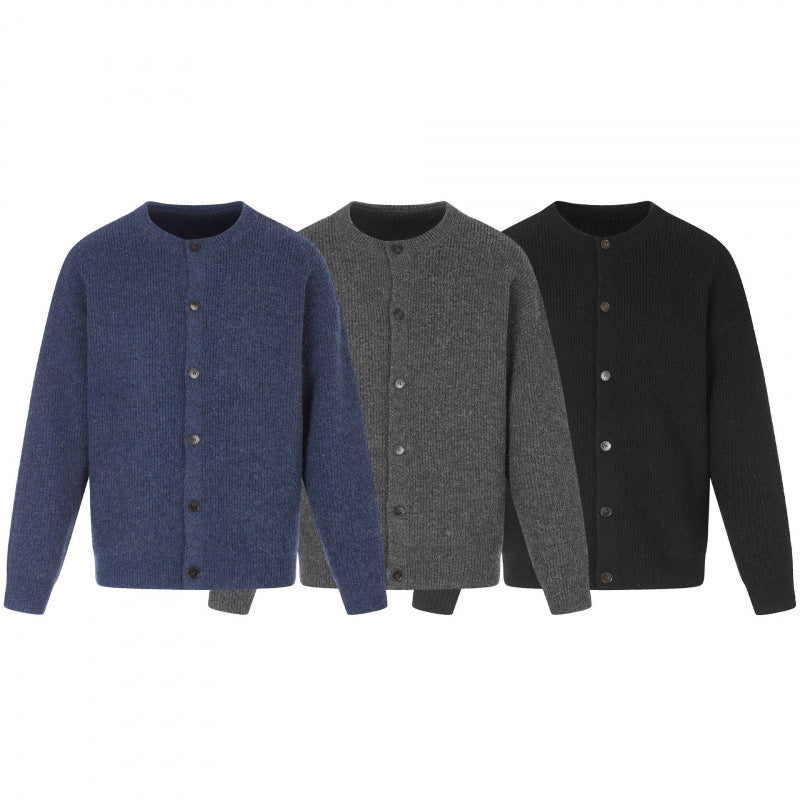 Unisex Boxy-Strickjacke mit Rundhalsausschnitt, durchgehender Knopfleiste und feiner Waffelstruktur Shop Nory