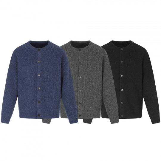 Unisex Boxy-Strickjacke mit Rundhalsausschnitt, durchgehender Knopfleiste und feiner Waffelstruktur Shop Nory