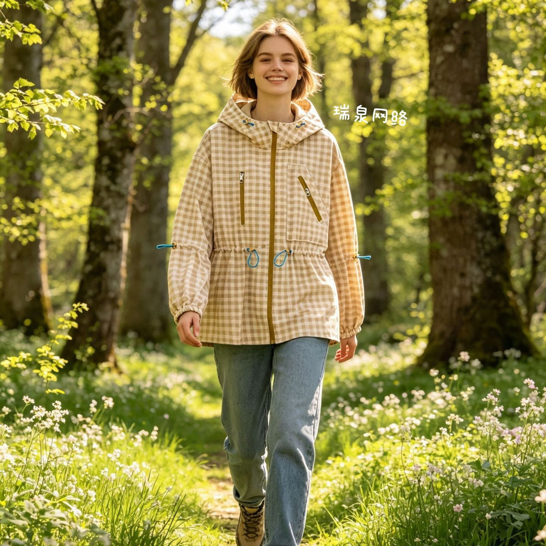 Damen Leichter Vichy‑Karo‑Parka mit Kapuze, Tunnelzugtaillierung und Reißverschlusstaschen Shop Nory
