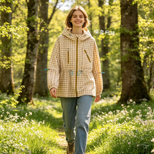 Damen Leichter Vichy‑Karo‑Parka mit Kapuze, Tunnelzugtaillierung und Reißverschlusstaschen Shop Nory
