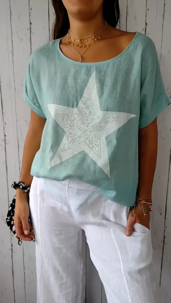 Damen lässiges Leinenoberteil mit glitzerndem Sternmotiv Shopnory
