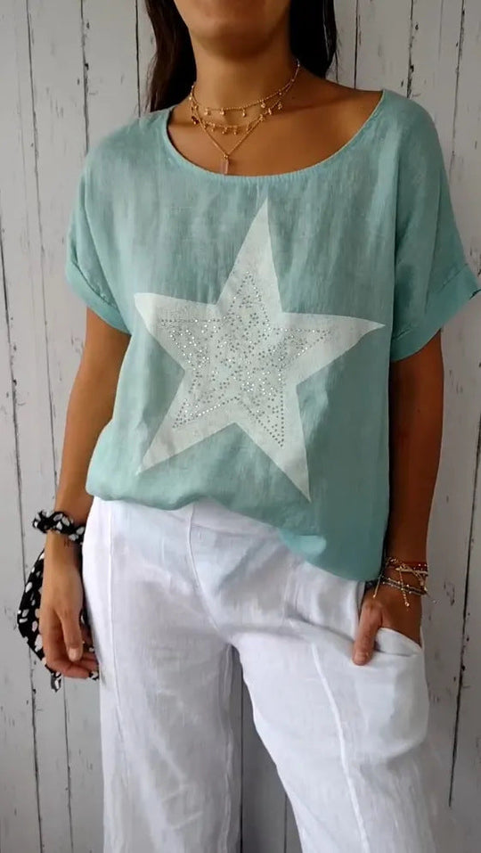 Damen lässiges Leinenoberteil mit glitzerndem Sternmotiv Shopnory