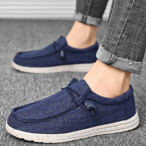 Herren lässiger Mokassin-Slipper aus Leinenstoff mit gepolsterter Komfortsohle und elastischem Schnürzug Shopy Nory